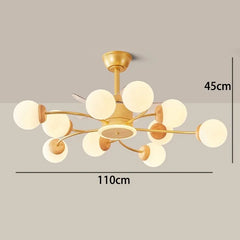 Gold chandelier with white spherical lights on a gray background, showing dimensions.