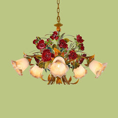 Gold Metal Rose Bud Chandelier with Frosted Glass Bell Shades