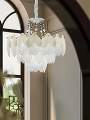 Frosted White Glass Leaf Tiered Chandelier with Crystal Accents
