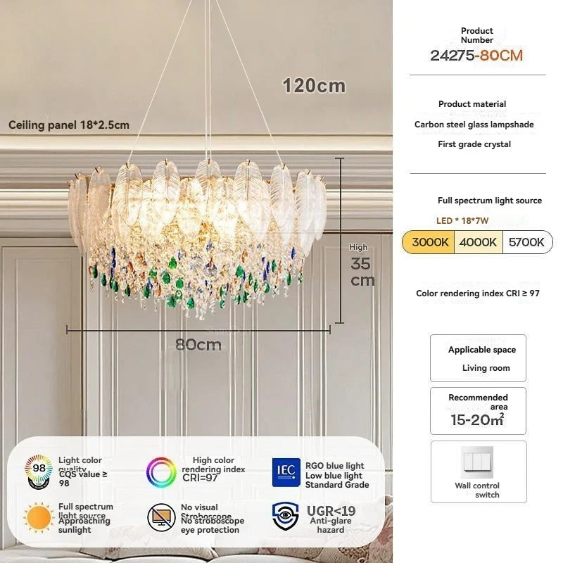 Chandelier with dimensions and specifications on a neutral background