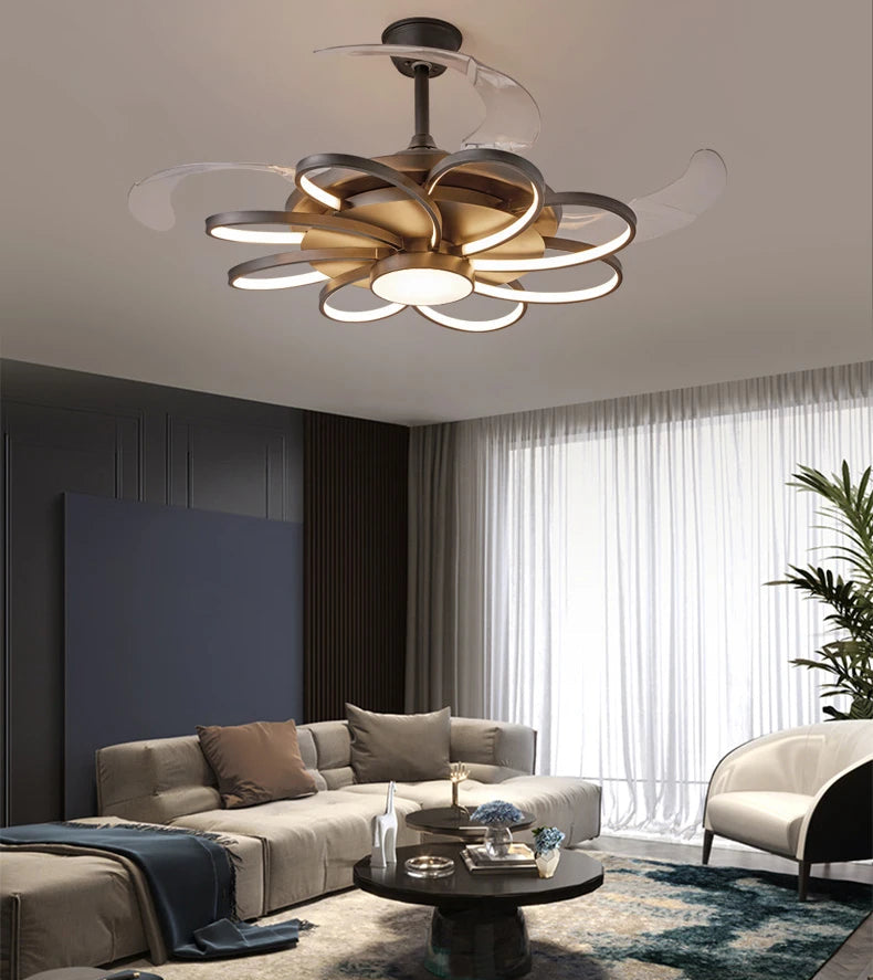 Modern ceiling light fixture in a living room setting with furniture and decor.
