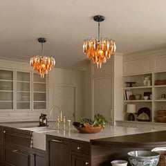 Amber Faceted Crystal Tiered Chandelier with Gold Finish Metal Frame