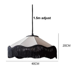 Pendant light with black fringe and white shade, labeled with dimensions on a white background.