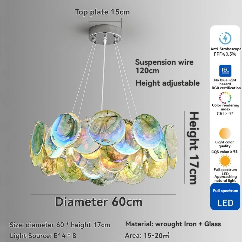 Colorful chandelier with technical specifications on a gray background