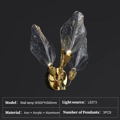 Decorative wall lamp with leaf-like pendants on a black background