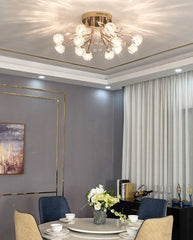 Gold Floral Crystal Chandelier Semi-Flush Mount Light