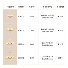 Table displaying chandelier models, colors, sizes, and sockets with corresponding images.
