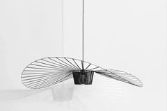 Modern pendant light with a black wireframe design on a white background