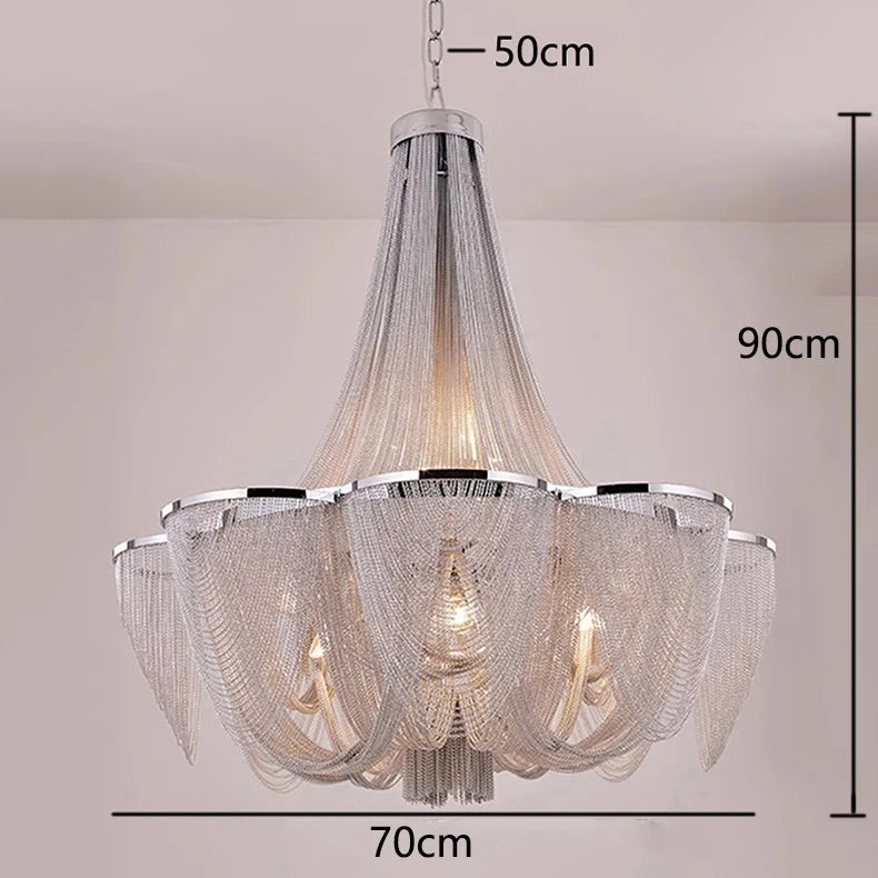 Chandelier with dimensions labeled on a plain background