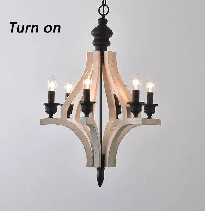 Chandelier with wooden design and black accents on a gray background