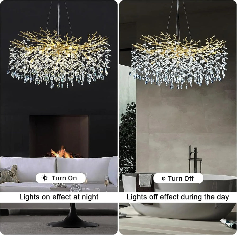 Chandelier shown in two settings: one with lights on in a living room and one with lights off in a bathroom.