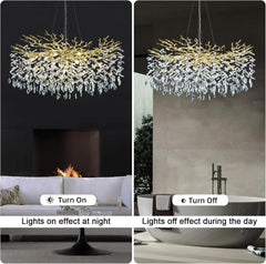 Chandelier shown in two settings: one with lights on in a living room and one with lights off in a bathroom.