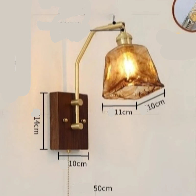 Wall lamp with adjustable arm and glass shade, showing dimensions on a light gray background.