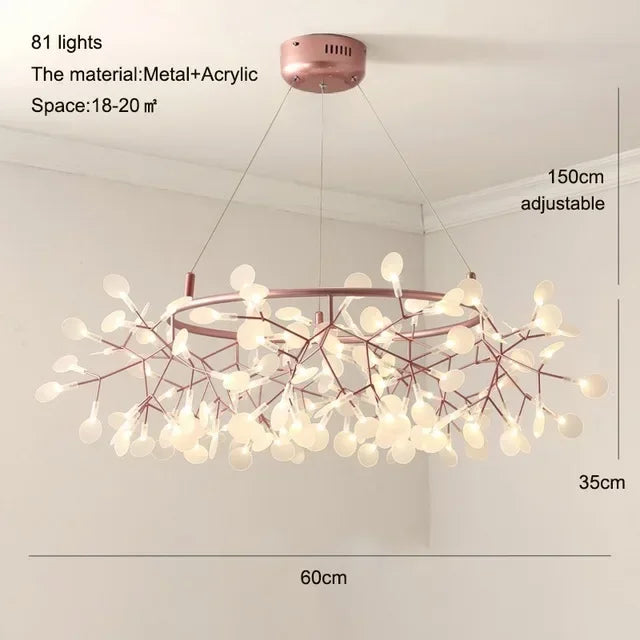 Chandelier with 81 lights, metal and acrylic material, adjustable height, on a white background