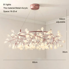 Chandelier with 81 lights, metal and acrylic material, adjustable height, on a white background
