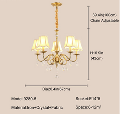 Gold chandelier with fabric shades and dimensions on a beige background.