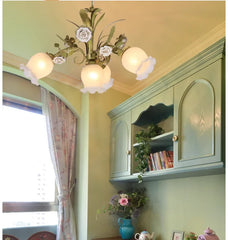 Gold Floral Chandelier with Frosted Bell Shades and Ceramic Roses