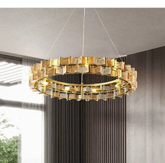 Gold Ring Chandelier with Textured Butterfly Glass Cubes