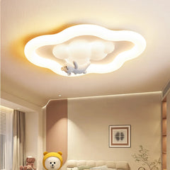White cloud-shaped flush mount ceiling light with a small cartoon animal figure.