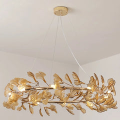 Gold Ginkgo Leaf Ring Pendant Light Fixture with Amber Glow