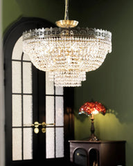 Tiered Crystal Chandelier with Ornate Metal Frame
