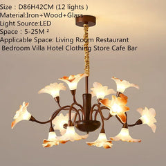 Bronze Floral Chandelier Pendant Light with Frosted Glass Bell Shades
