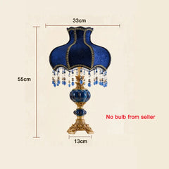 Gold Beaded Fabric Shade Table Lamp with Blue Accents