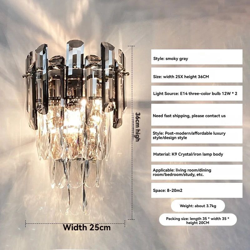 Wall-mounted crystal light fixture with dimensions and specifications on a gray background