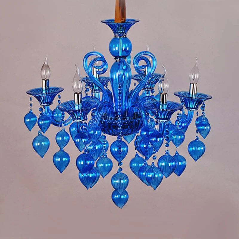 Blue lotus leaf bud shaped crystal chandelier with candelabra-style light holders