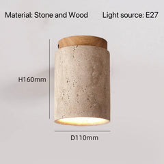 Stone Cylinder Pendant Light with Wood Accent and Natural Texture