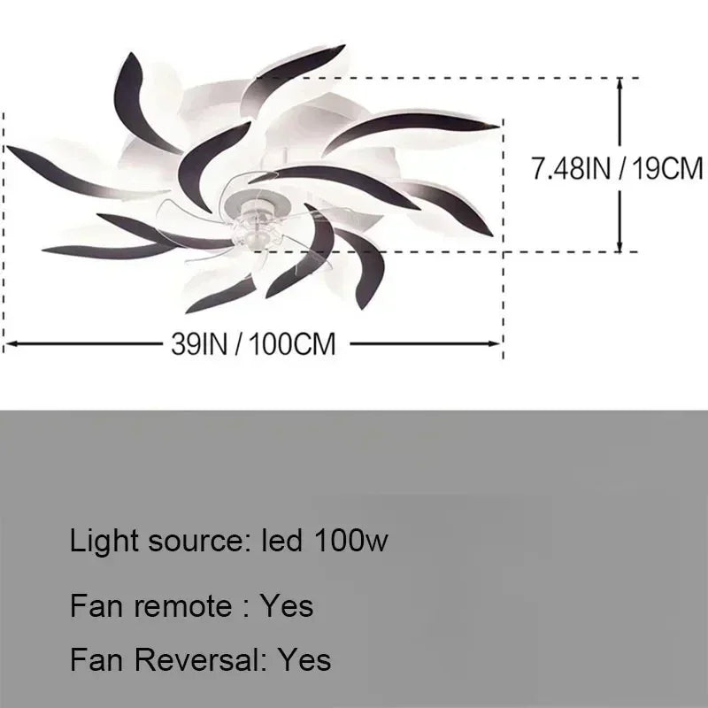 Ceiling fan with dimensions and specifications on a white background
