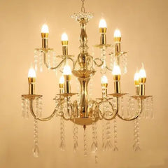 Gold Candelabra Chandelier with Crystal Droplets and Candle Lights