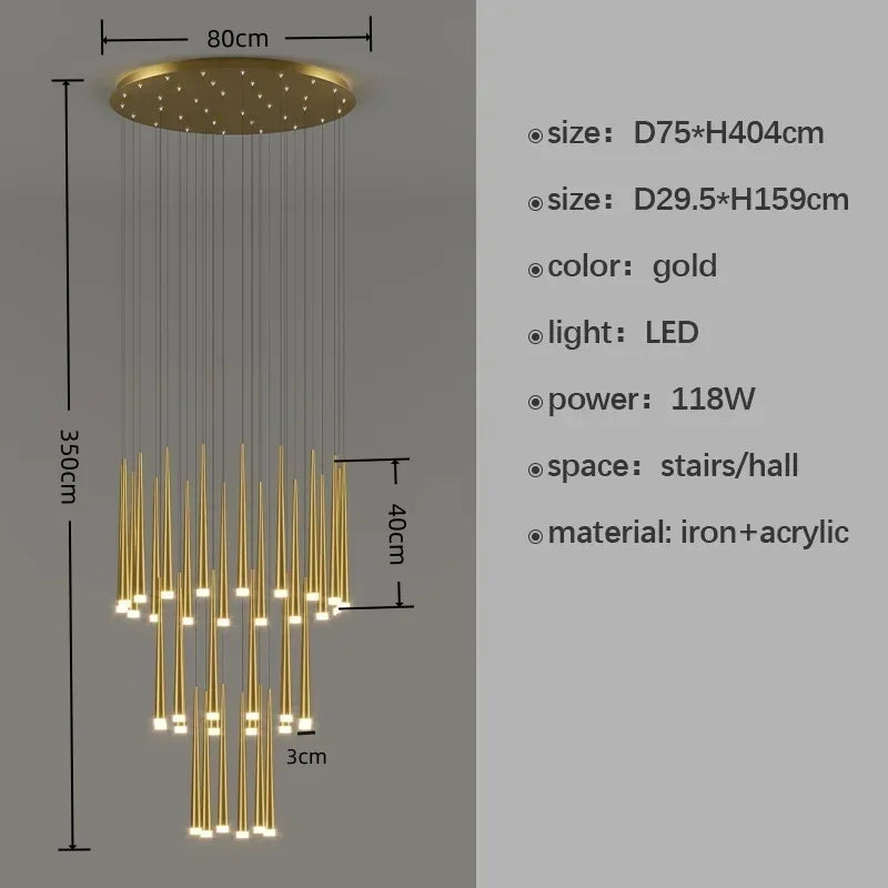 Gold chandelier with dimensions and specifications on a gray background