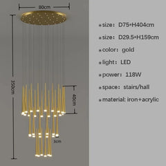 Gold chandelier with dimensions and specifications on a gray background