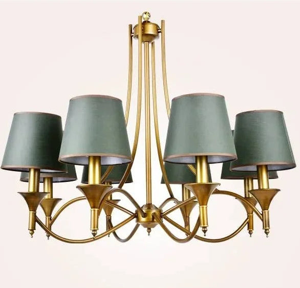 Chandelier with gold frame and gray lampshades on a light pink background