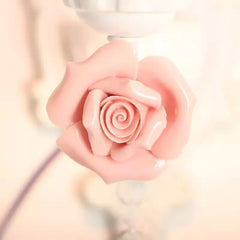 White Metal Rose Sconce with Pink Pleated Shades and Crystal Drop