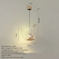 Gold swan-shaped wall light with dimensions and specifications on a gray background
