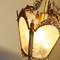 Brass Scrollwork Lantern Pendant with Frosted Floral Glass Shade
