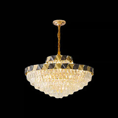 Tiered Crystal Chandelier with Gold Metal Frame and Geometric Accents