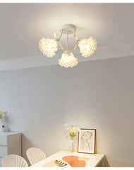 Flower Bud Semi-Flush Ceiling Light White Glass Green Metal Accents