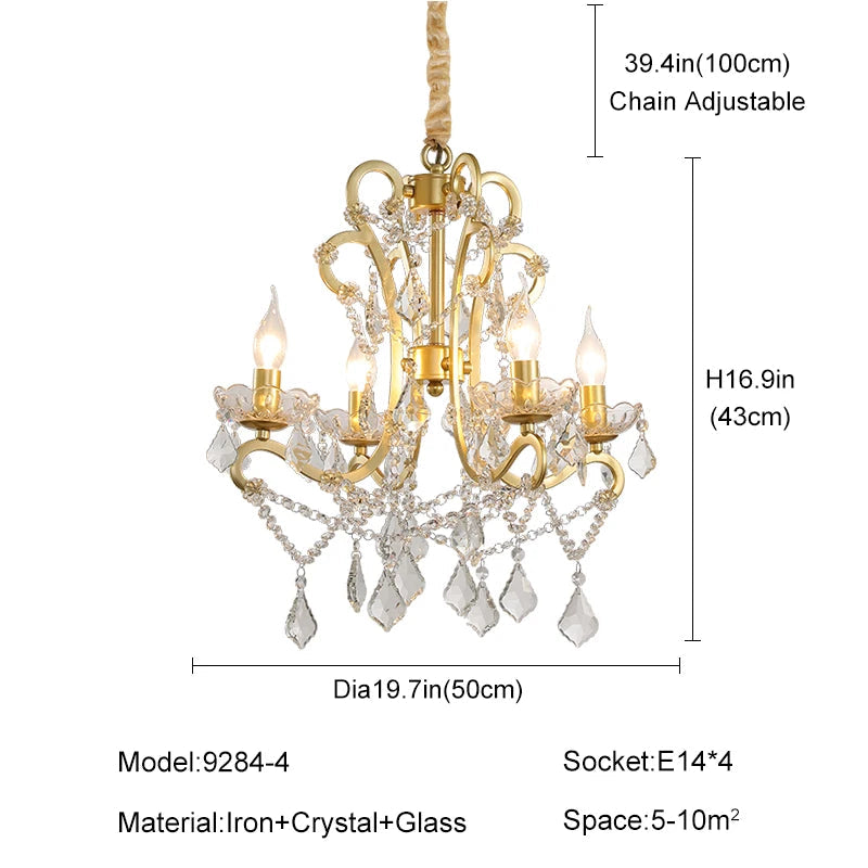 Gold chandelier with crystal accents and dimensions on a white background