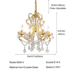 Gold chandelier with crystal accents and dimensions on a white background