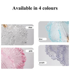 Product with clear, blue, pink, and purple color options displayed.