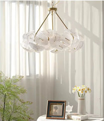 Woven Gold Pendant Light with Clear Petal Accents