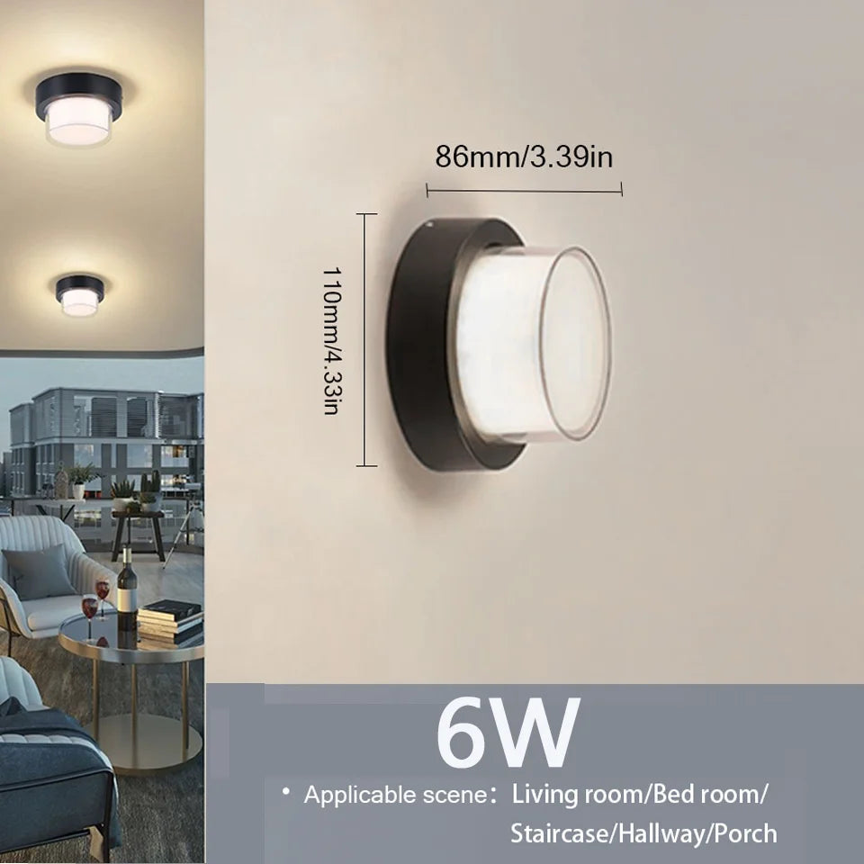 Wall-mounted light fixture with dimensions and application scenarios on a neutral background