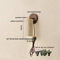 Wall-mounted light fixture with measurements and plug options on a beige background