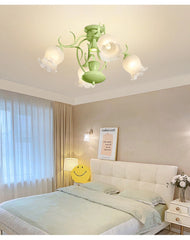 Green Floral Tulip Semi-Flush Ceiling Light with Frosted Glass Shades