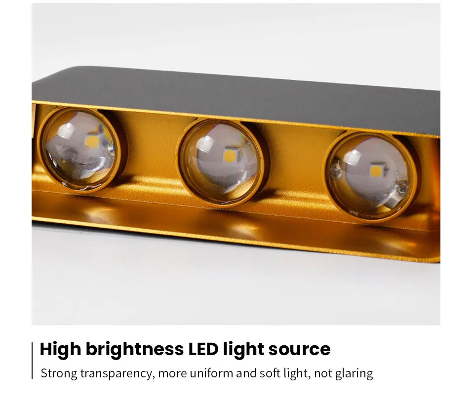 Gold LED light bar on a white background with text describing its features.