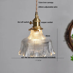 Pendant light with labeled components on a gray background
