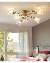 Gold Floral Semi-Flush Ceiling Light with Glass Shades